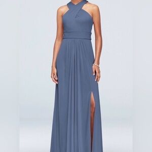 NWT Unaltered David’s Bridal Size 8 Steel Blue Chiffon Dress